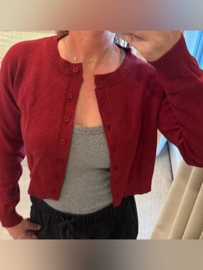 Classic Red Cropped Button Cardigan Sweater